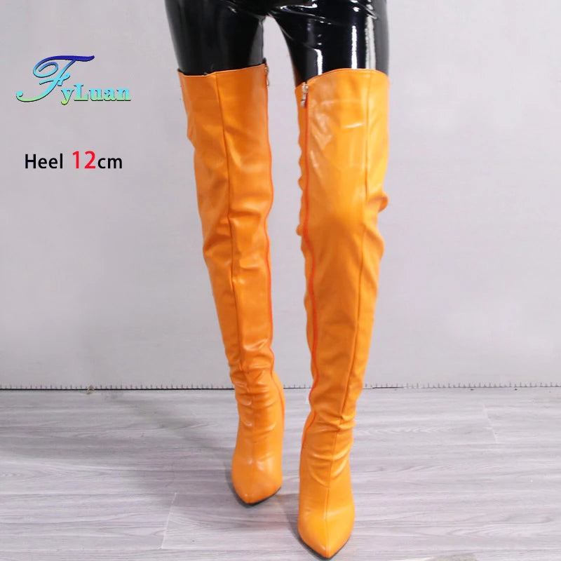 Fashion Leather Side Zipper Pointed Toe Stiletto Over The Knee Boots for Women