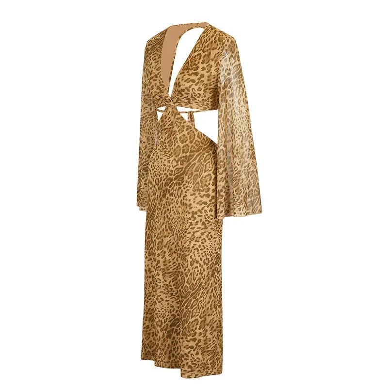 Autumn New Women's Dresses Fashion Leopard Print Casual Slim Long Sleeves Dress Sexy Hollow Out Backless V-neck Dresses Clothing