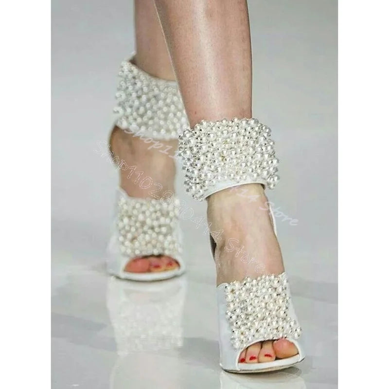 Colorful Pearl Decor Open Toe Back Zipper Thin High Heel Sandals for Women