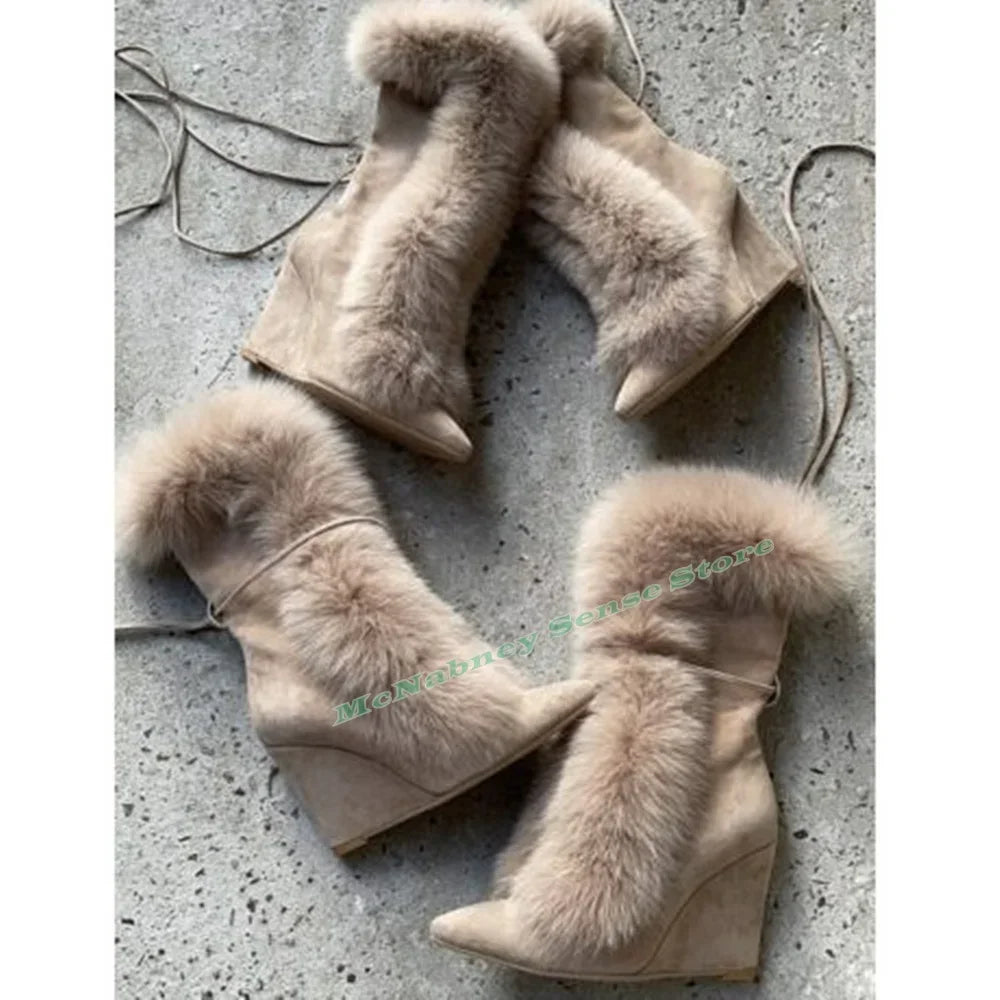 Suede Pointed Toe Lace Up Mid Calf Wedge Boots For Women