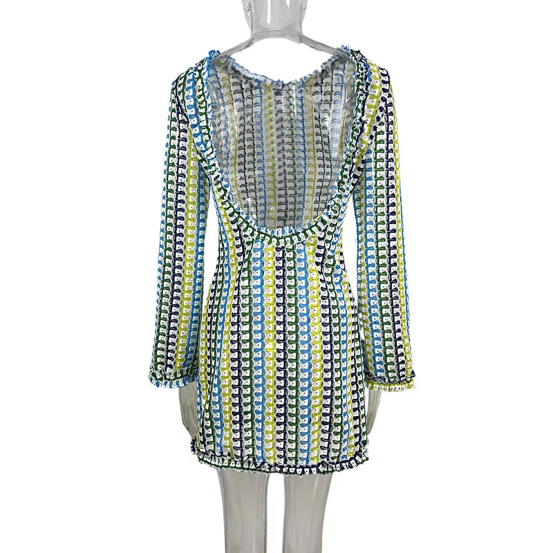 Sexy Backless Flare Sleeve Lace Knit Cut Out Party Beach Maxi Dress 2025 Summer Women Vacation Beachwear Swimsuit Cover Up A2815