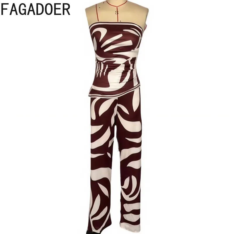 FAGADOER Fashion Stripe Print 2 Pieces Set for Woman Sleeveless Backless Top + Wide Leg Pant Outfits Matching Female Streetwear