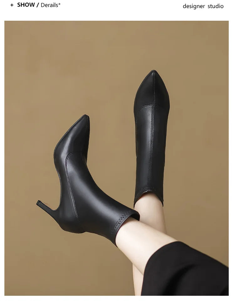 Pointed Leather High Heel Ankle Boots