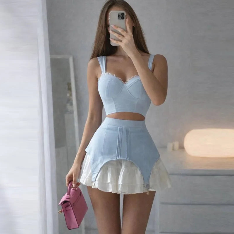 Patchwork Lace Sleeveless Mini Skirt And Camisole Set for Women