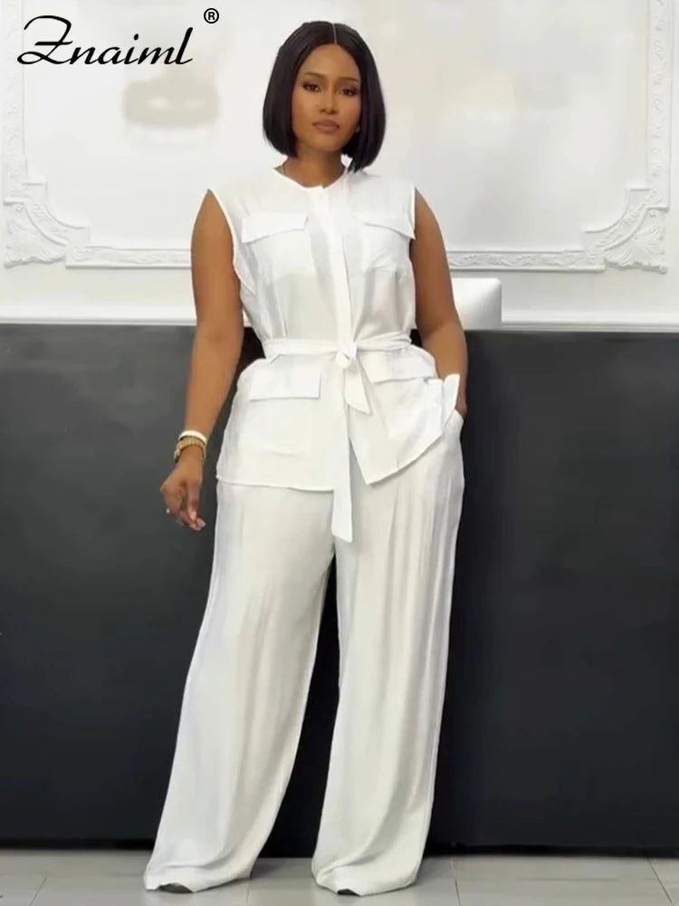 Znaiml Elegant Loose O-neck Sleeveless Pockets Bandage Top and Wide Leg Pants 2 Pieces Sets Women Casual Streetwear Outfits y2k