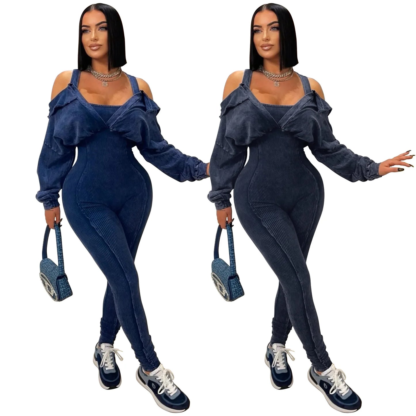 CM.YAYA Fashion Women Knit Ribbed Long Sleeve Moto Biker Jumpsuits Strap Autumn Washed Streetwear Slim One Piece Suit Romper