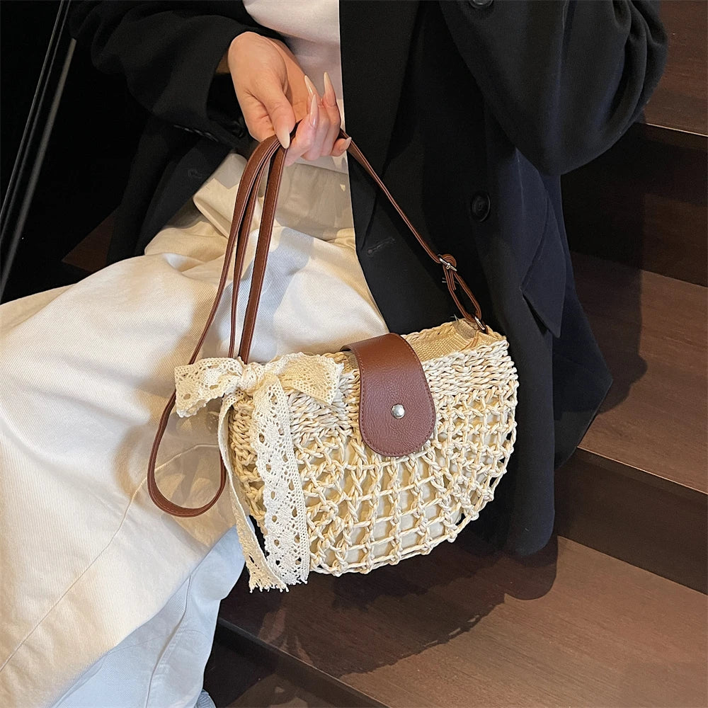 Straw Knitted Shoulder Bag With Bowknot Handmade for Women