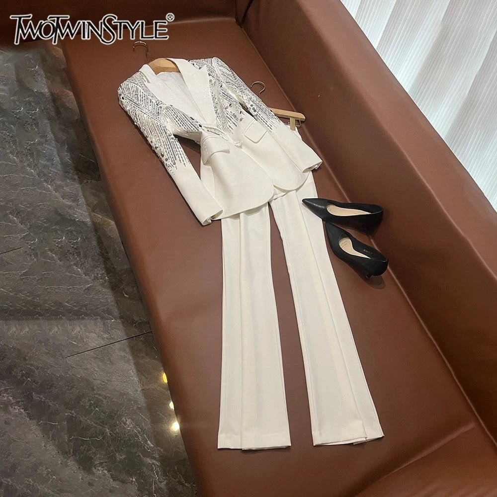 TWOTWINSTYLE Casual Luxury Solid Two Piece Sets For Women Lapel Long Sleeve Top High Waist Pants Elegant Set Female KSE554644