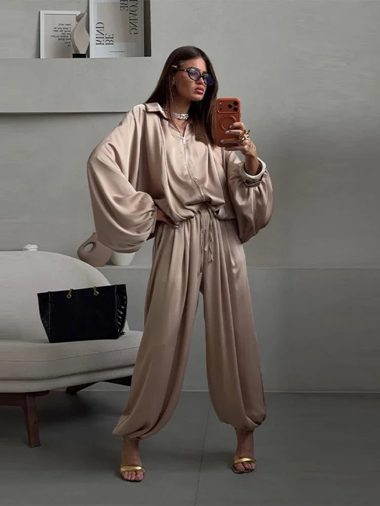 Autumn Casual Loose Relaxed Coat and Pants Set for Women