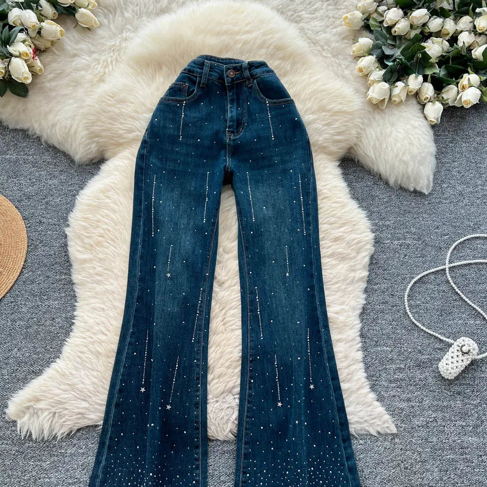High-Waisted Rhinestone Embellished Flare Jeans for Women