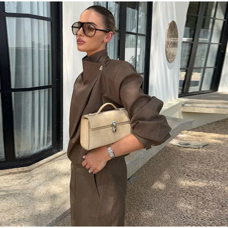 Solid Draped Funnel Neck Long Sleeve Wide Leg Two Piece Set For Women