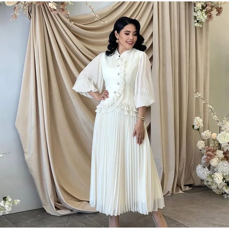 Ruffle Lantern Sleeve Top and Pleated Skirt Set for Women