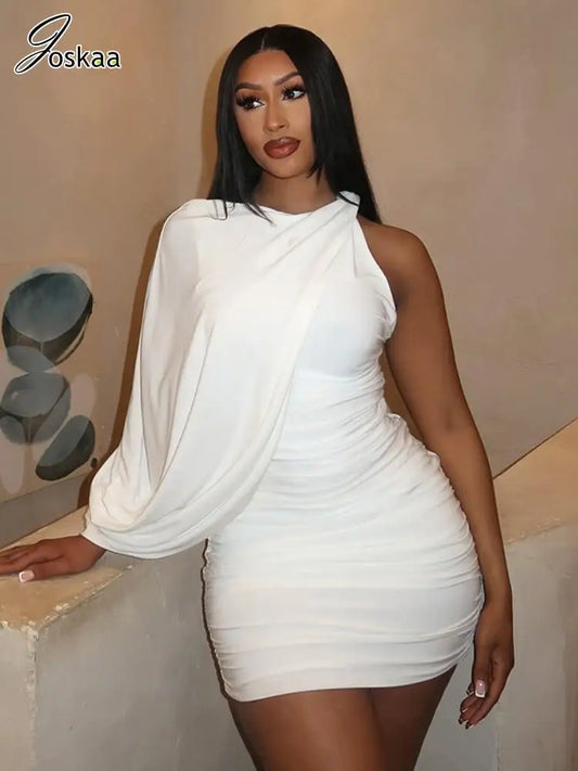 Joskaa Elegant Pleated O-Neck Asymmetric Single Sleeve Body-Shaping Mini Dresses for Women 2025 Summer Holiday Party Clubwear