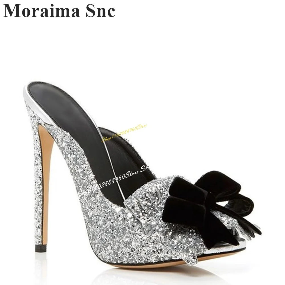 Silver Glitter Bowknot High Heel Peep Toe Slippers For Women