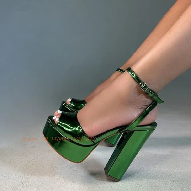 Metallic Green Platform Peep Toe Ankle Strap Sandals for Women