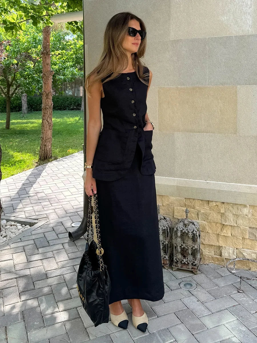 Breathable Linen High Waist Vest And Skirt Set For Women