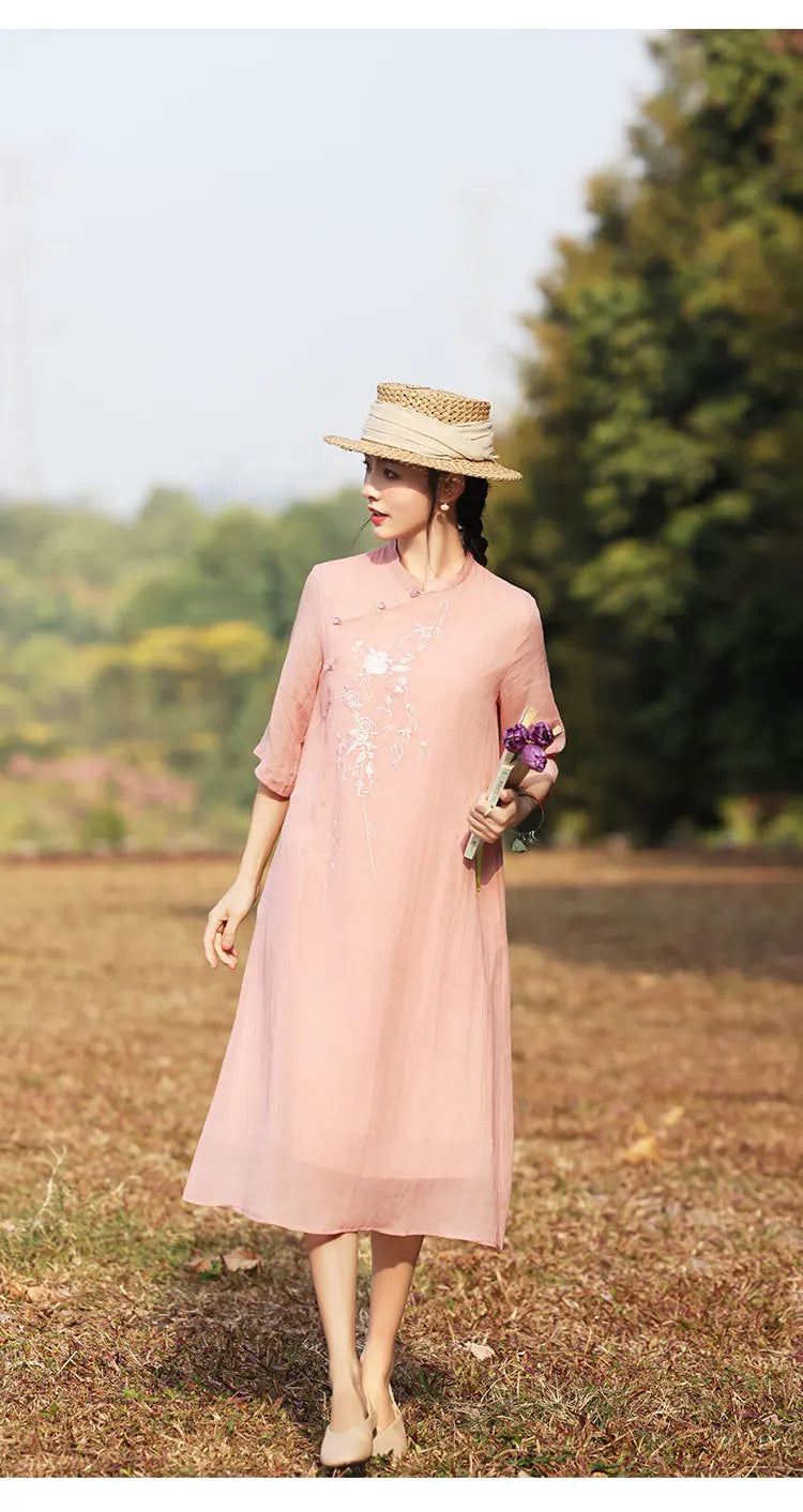 Elegant Floral Embroidered Ramie + Cheongsam Dress + for Women