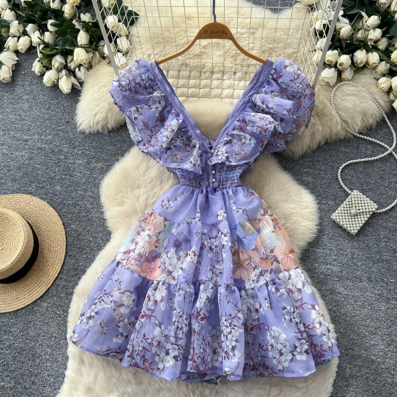 Boho Summer Floral Ruffle Cutout Mini Dress for Women