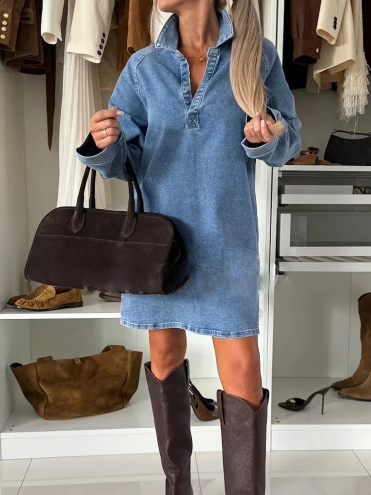 Denim Mini Dress With Turn Down Collar