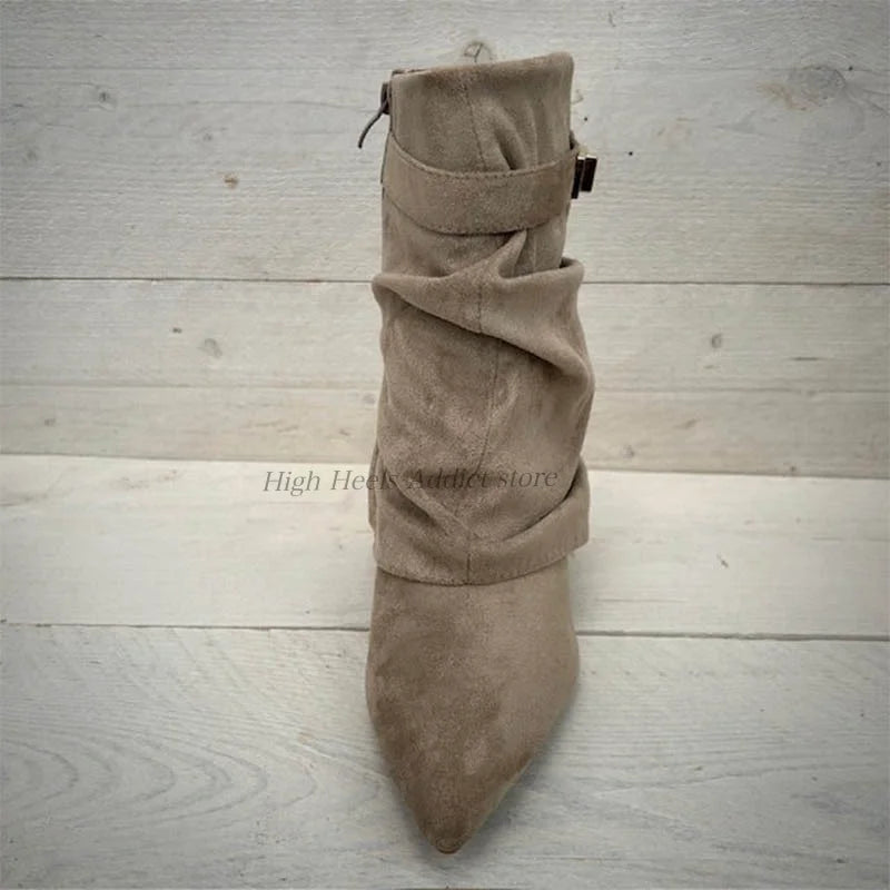 Suede Pointed Toe Metal Buckle Chunky Heel Mid Calf Boots For Women