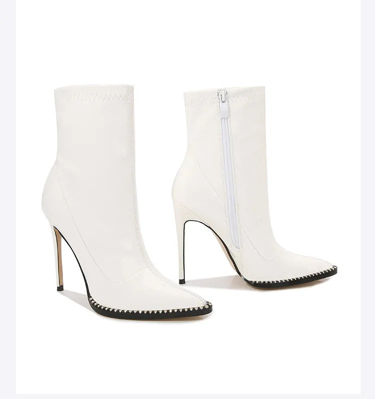 Elegant Rhinestone Bordered Side Zipper High Heel Ankle Boots for Women