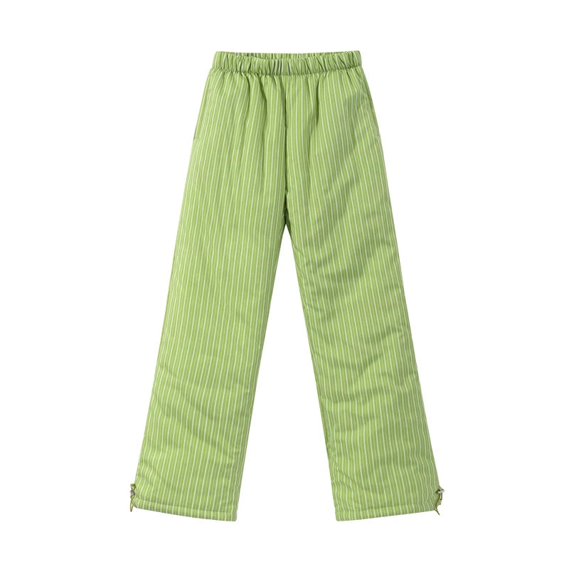 Striped Hooded Puffer Jacket and Wide Leg Pants Set for Women