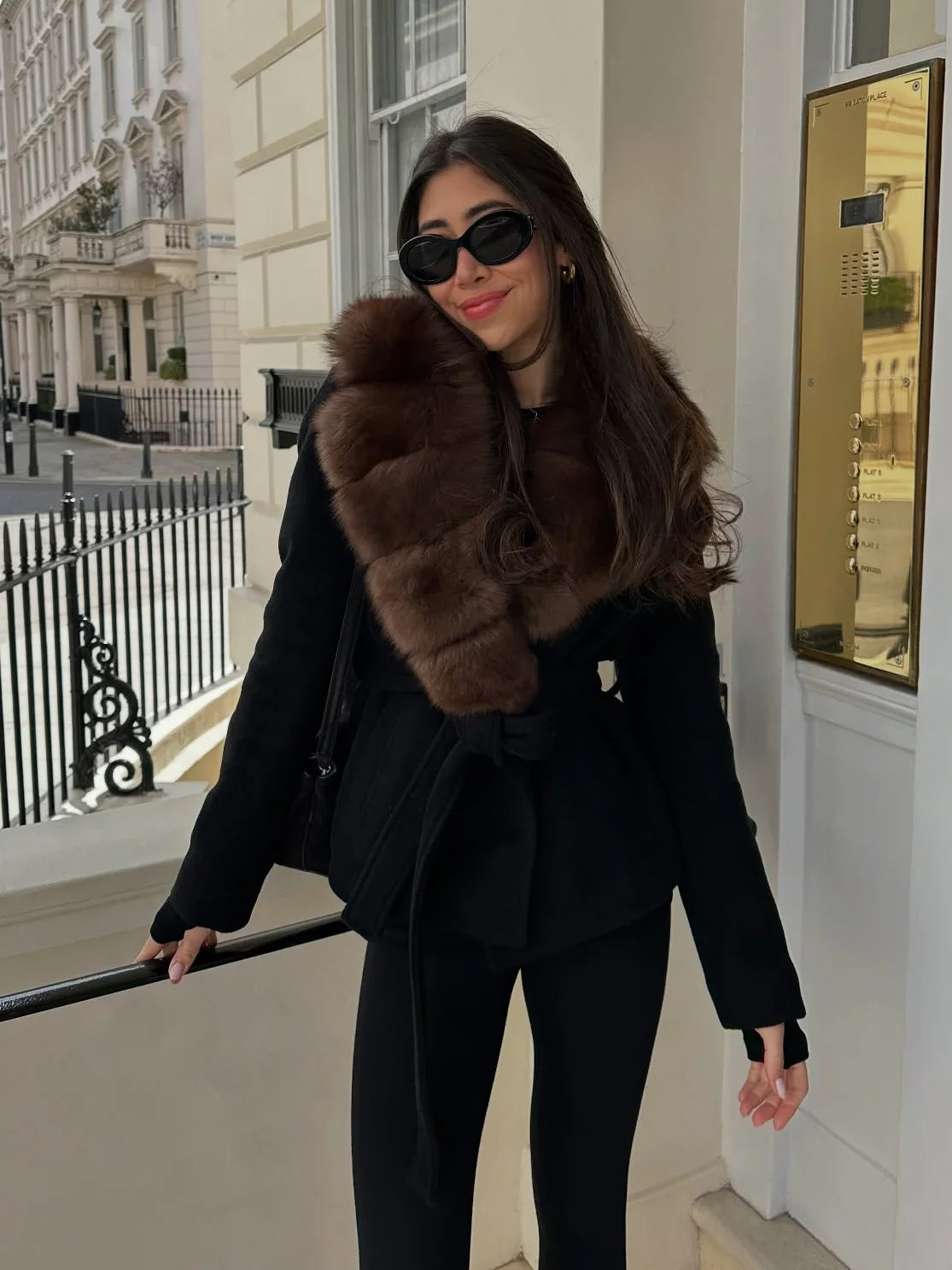 Elegant Faux Fur Belted Winter Coat with Lapel for Women