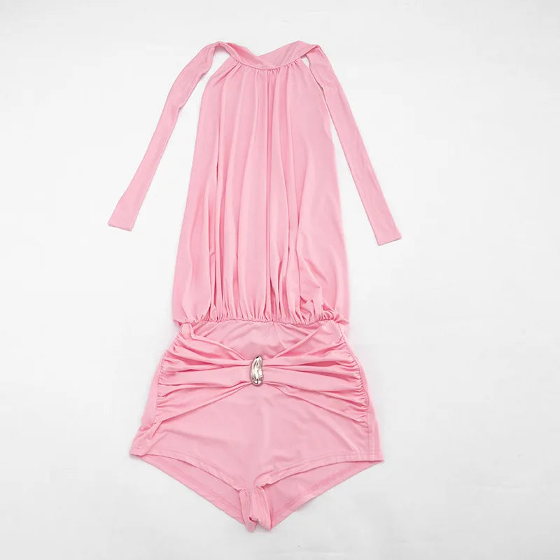 Metal Buckle Halter Backless Ruched Sleeveless Peach Rompers for Women