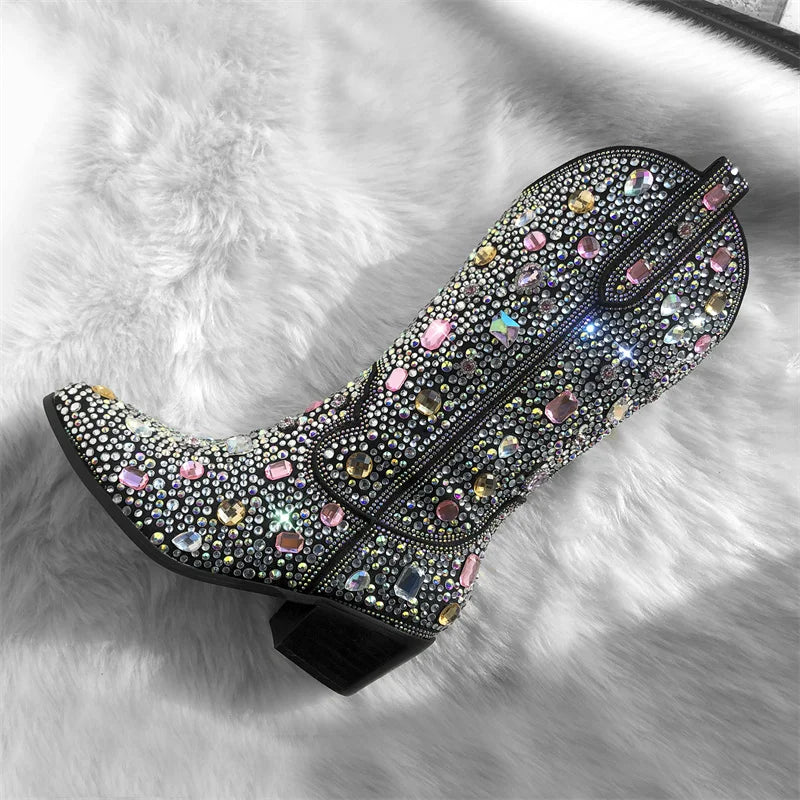 Rhinestone Knee High Cowgirl Boots With Chunky Heels for Women