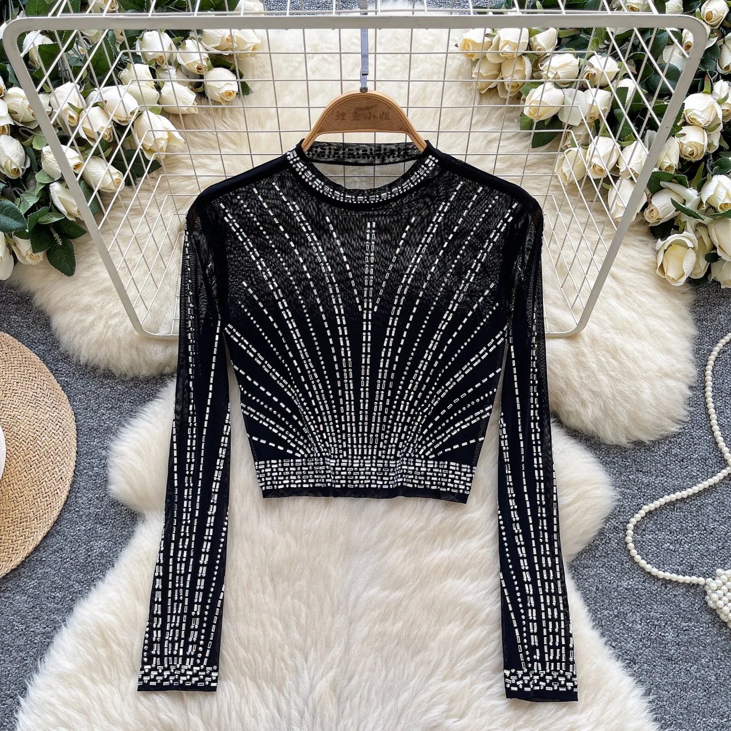 Leopard Print Rhinestone Mesh Long Sleeve Crop Top for Women