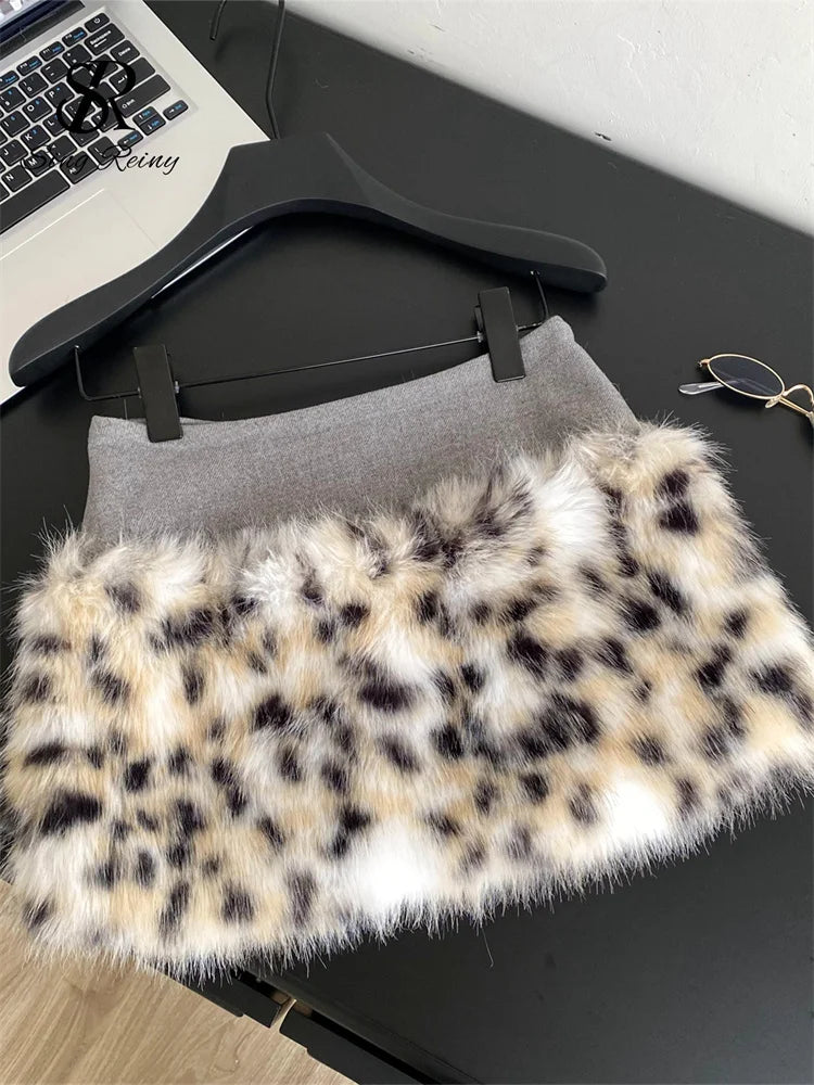 Leopard Print Furry A-Line Mini Skirt With Zipper for Women