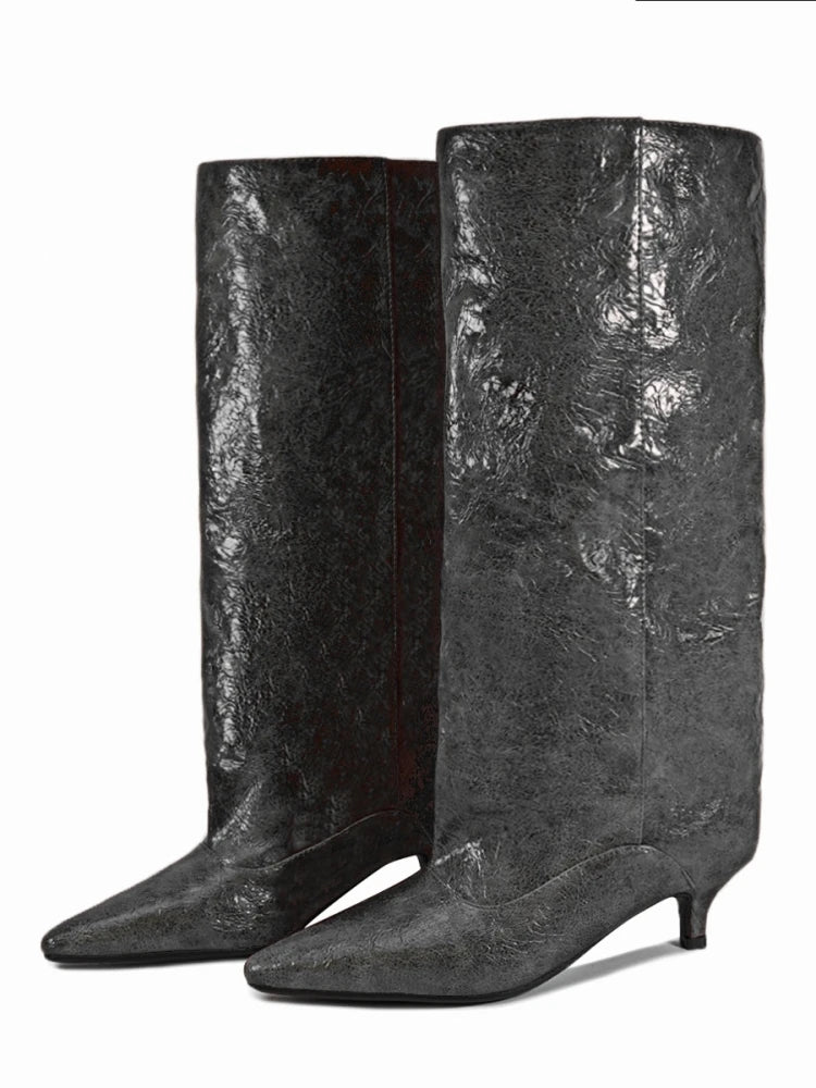 Crocodile Print Wide Shaft Kitten Heel Knee High Boots for Women