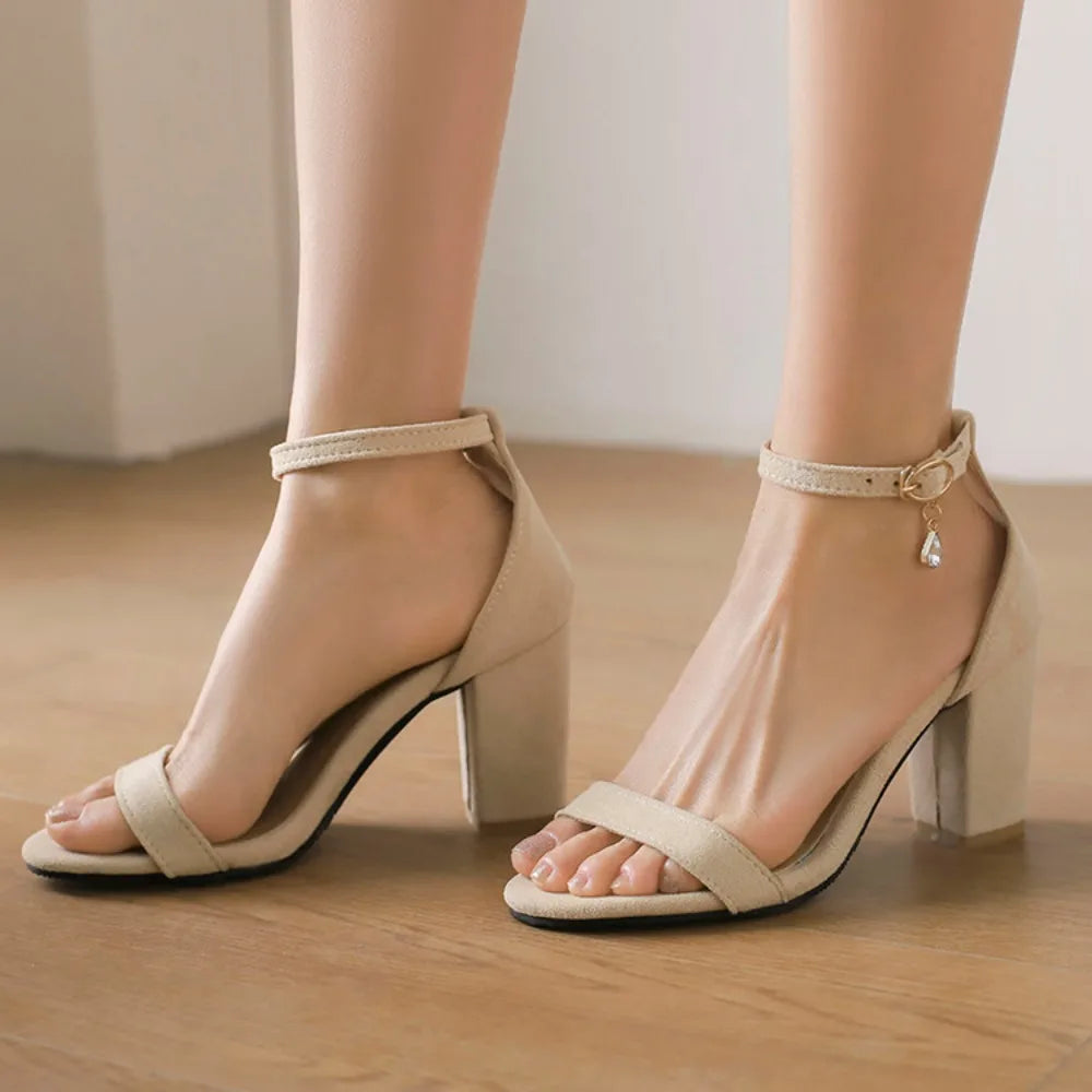 Beige Suede Rhinestone Block Heel Sandals