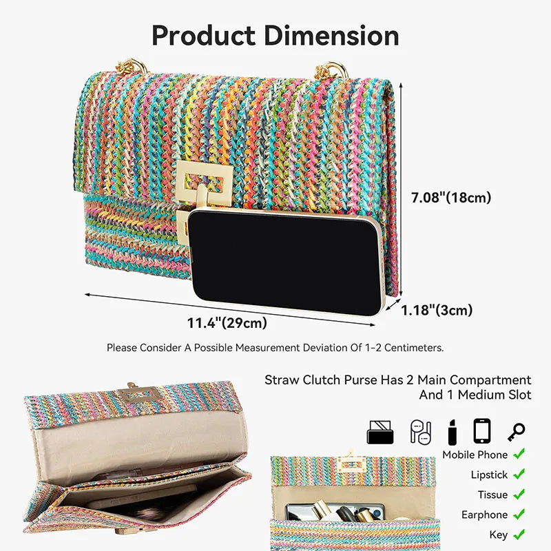 Straw Envelope Evening Party Handbag Fashion Women Weave Pattern Gold Clutch Messenger Purses Lady Daily Commuting Wallet Bags