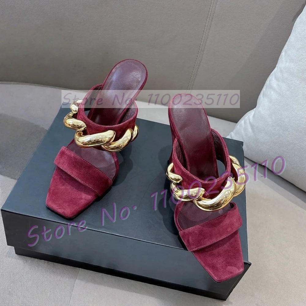 Gold Wave Metal Kid Suede Wedge Mules Women Luxury Square Open Toe Mules Front Strap Party Shallow Real Leather Beige Shoes