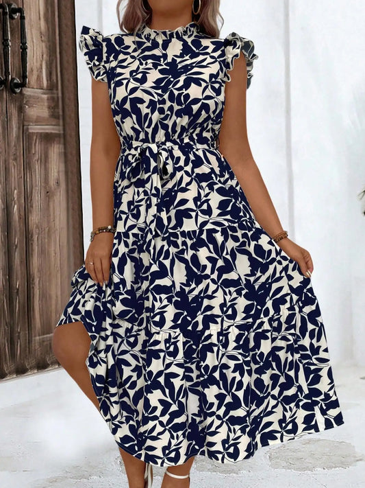 Plus Size Floral Print Ruched Belted Ruffle Dress, Boho Butterfly Sleeve High Waist A Line Dress for Beach Holiday Vacation, Wom