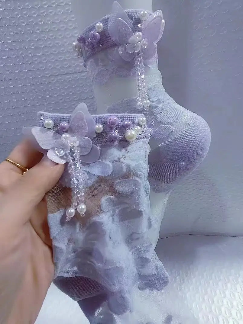 Elegant Crystal Beaded Tassel Pearl Socks for Women