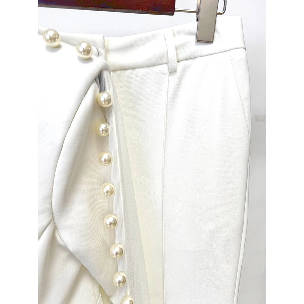 HIGH STREET Newest 2026 Designer Runway Suit Set Women's Pearls Beaded Gauze Patchwork Slim Fitting Blazer Pants Set