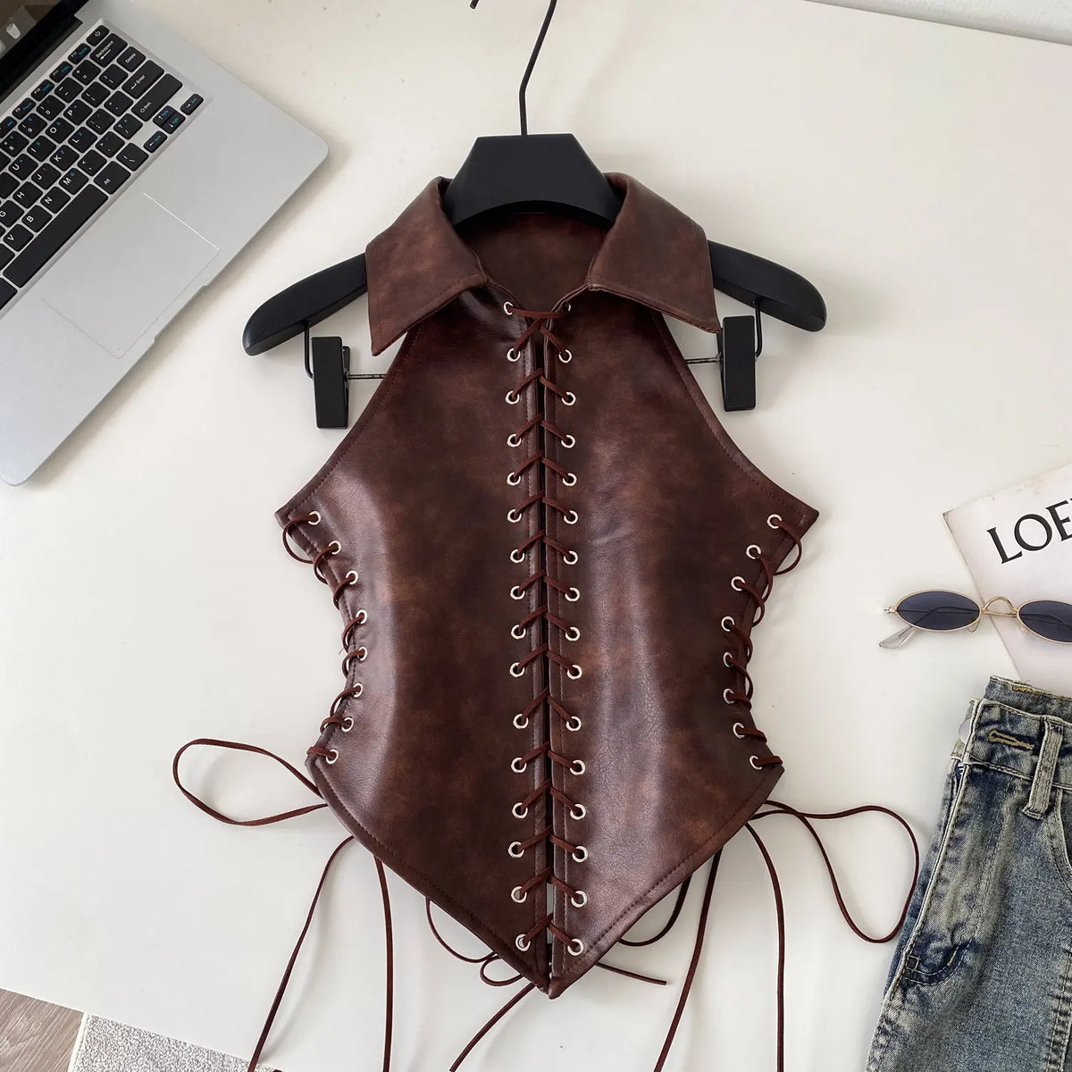 Retro Lace Up Faux Leather Sleeveless Bustier Top for Women