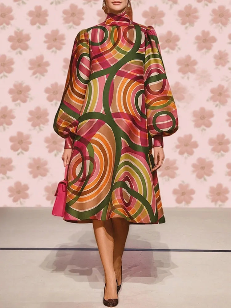 Gymystars Elegant Dresses for Party Fall Women Clothes Chic Straps Colorful High Neck Lantern Sleeve Fashion Wedding Guest Dress