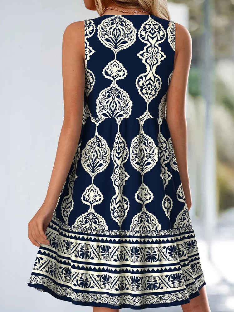 Women's lace-up V-neck geometric print dress, sleeveless design fresh and breathable, suitable for summer