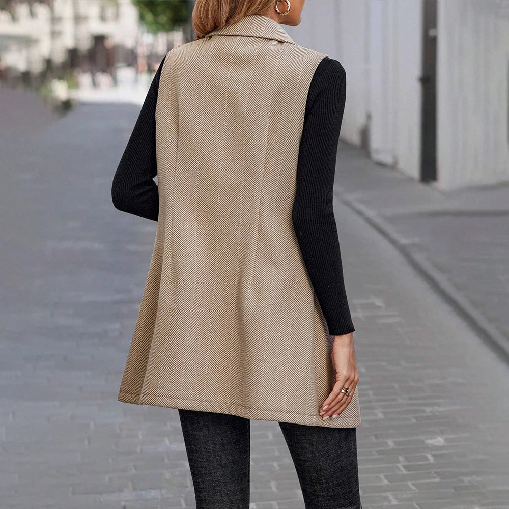 Women's Elegant Turn Down Collor Sleeveless Buttons Vest Blazer Coats Mid-Jackets Winter Ladies Office Work Outwear Outcoat S-XL