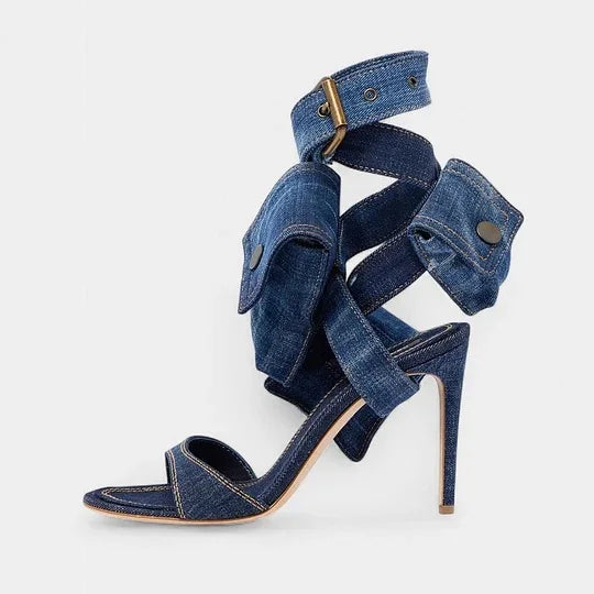 Blue Denim Pockets Design Open Toe Sandals for Women