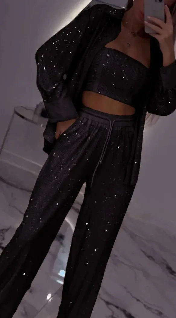 Casual Sequined Blazer With Wide Leg Pants Set For Women
