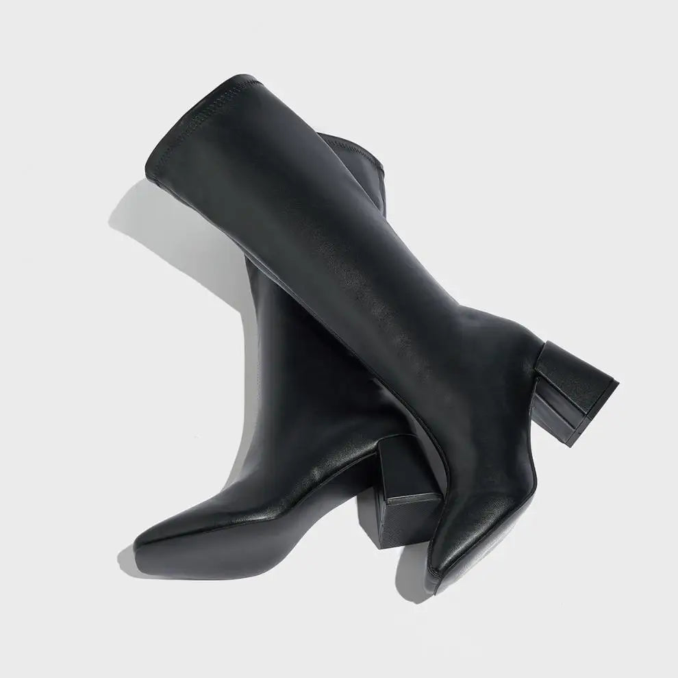 Black Square Toe Knee High Boots