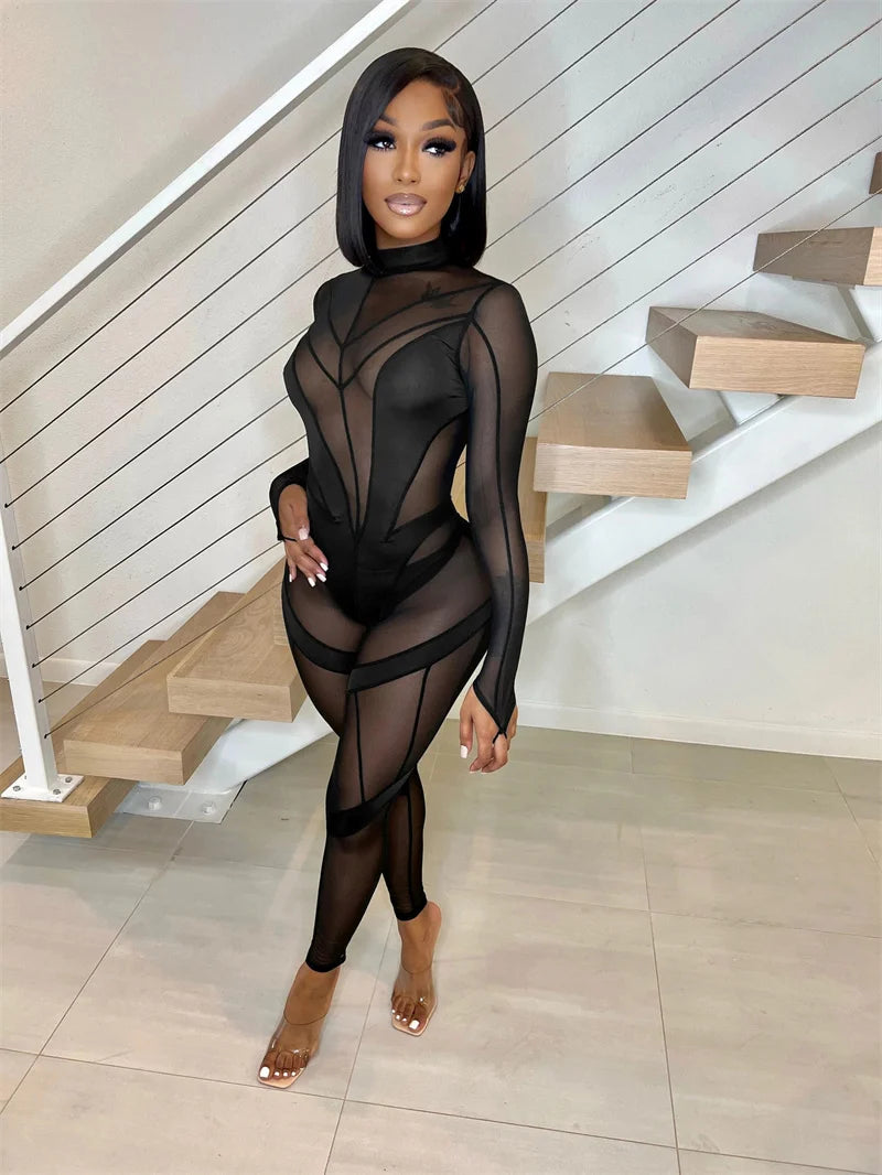 Sexy Sheer Mesh Jumpsuits Women Party Club Outfits Skinny Patchwork Long Sleeve See Through Rompers Womens Jumpsuit Midnight