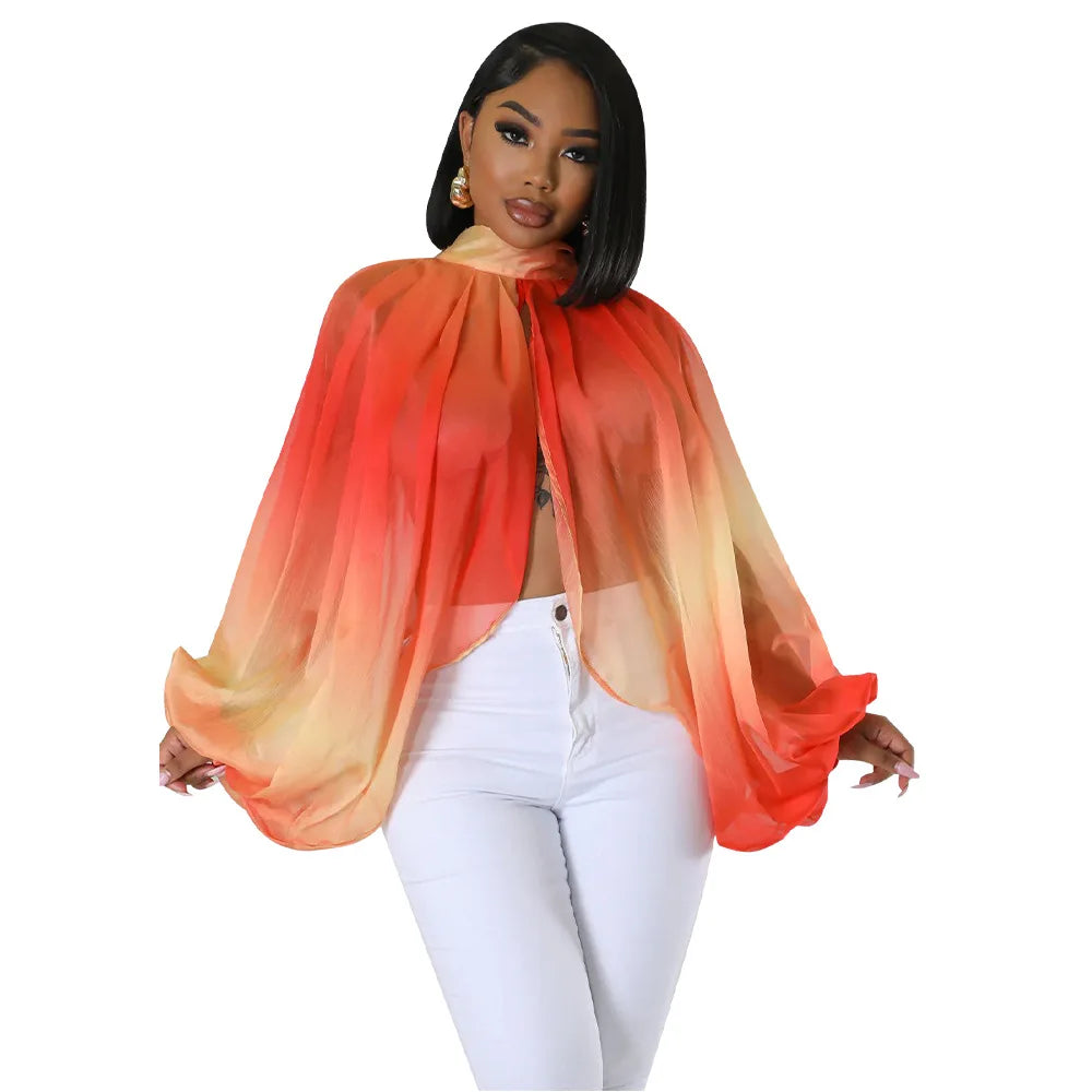 Sheer Lantern Sleeve Blouse with Tie Back for Women