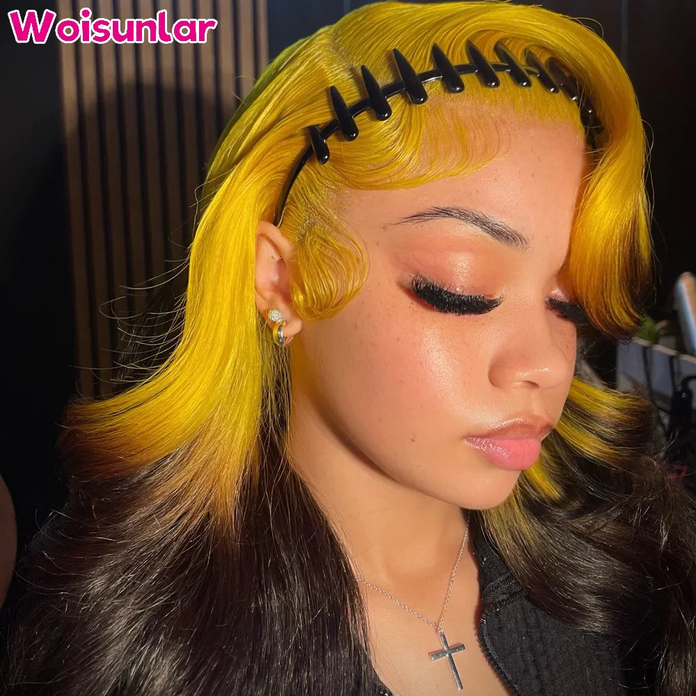 36 Inches Ombre Yellow and Brown Front Lace Wigs Human Hair 13x6 13x4 Transparent Lace Body Wave 200% Black Women Human Hair
