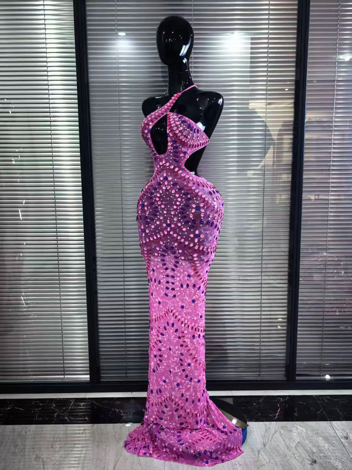 Pink Color Women Sexy Halter Backless Mesh See Through Bodycon Floor-length Mermaid Dress Birthday Party Cocktail Outfit