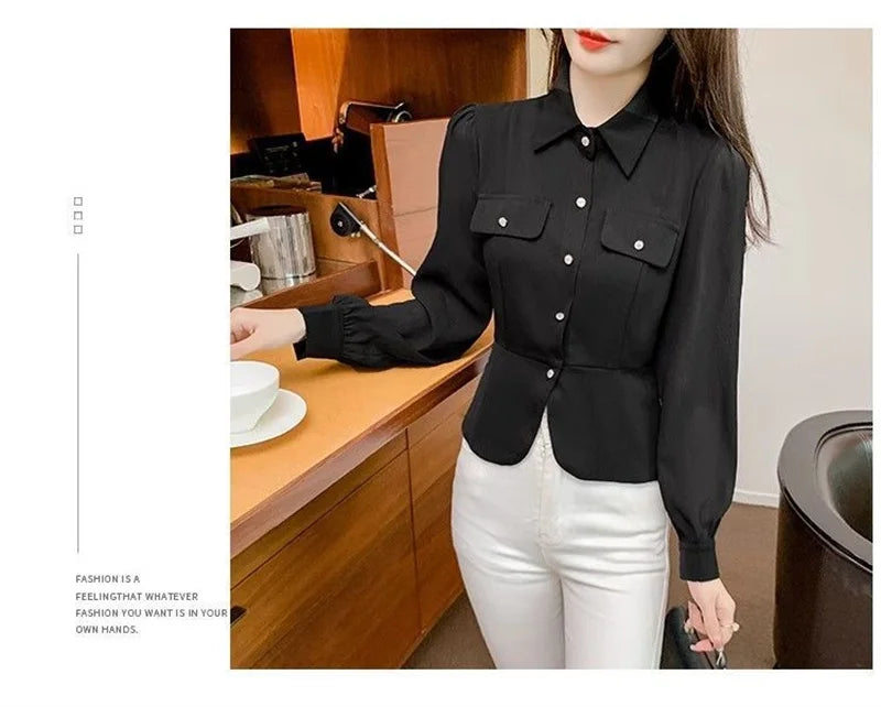 Autumn 2025 New Women Short Long-sleeved Chiffon Blouse Shirt Western-style Blouse Female  Slim Pure Colour Bottoming Shirt
